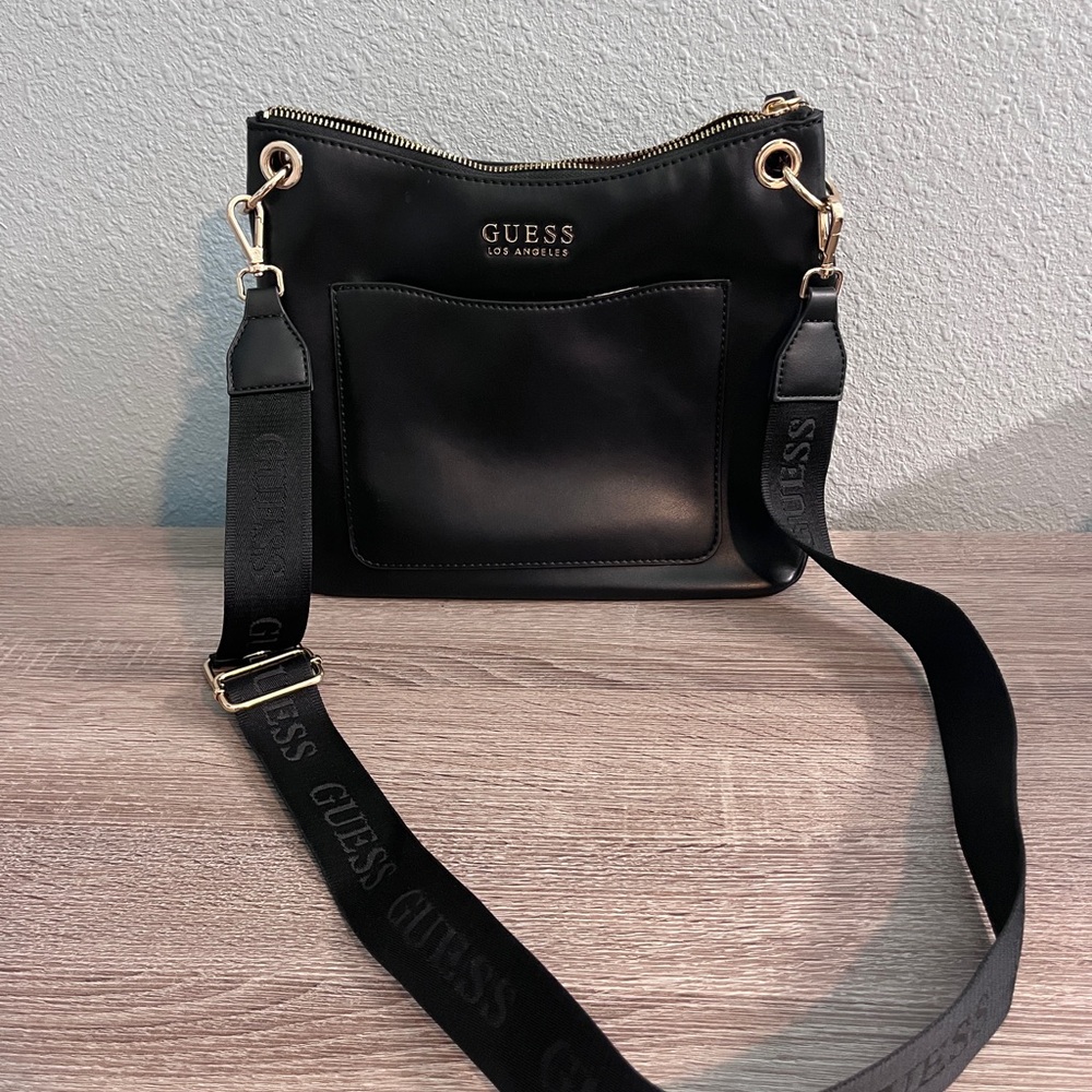 GUESS Black Crossbody Bag with Logo Strap, Thin Strap and Gold Hardware